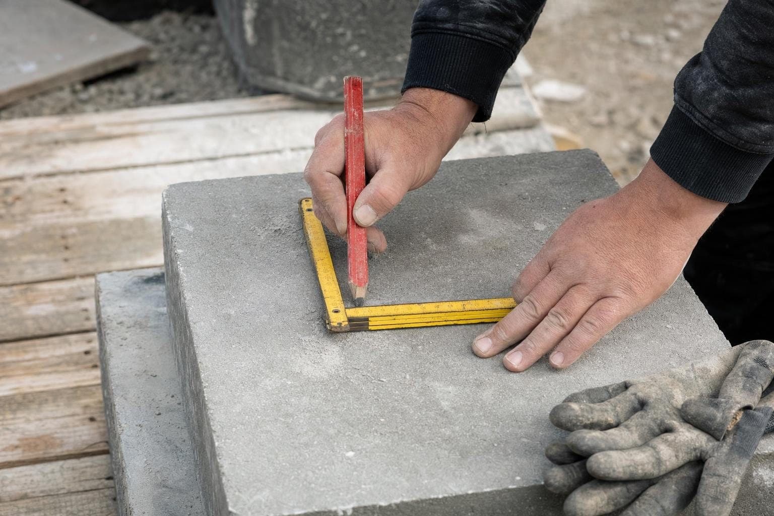 Mains de maçon traçant au crayon sur un bloc béton, mètre pliant jaune posé dessus