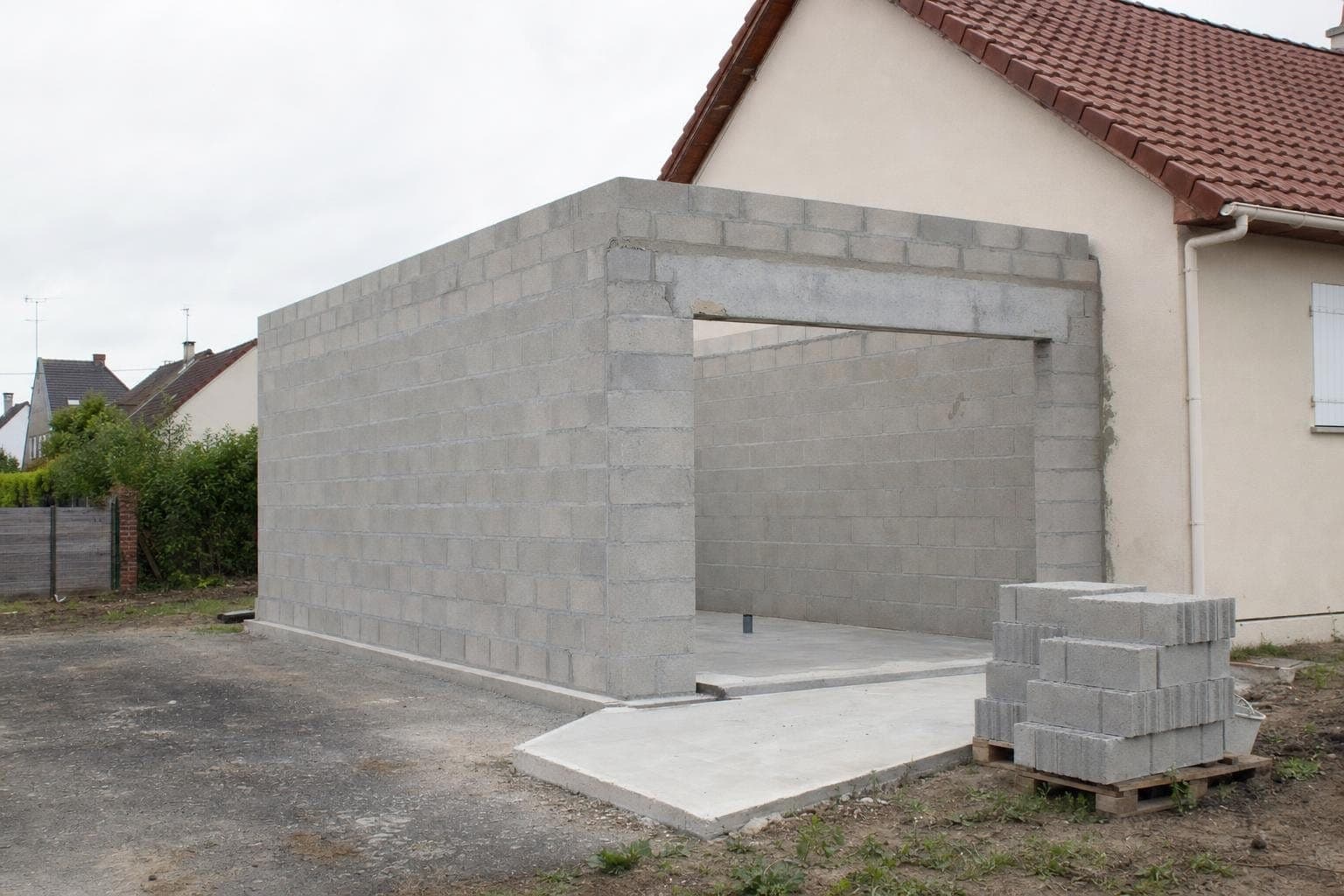 Garage en blocs béton en construction à côté d'une maison, dalle béton coulée devant