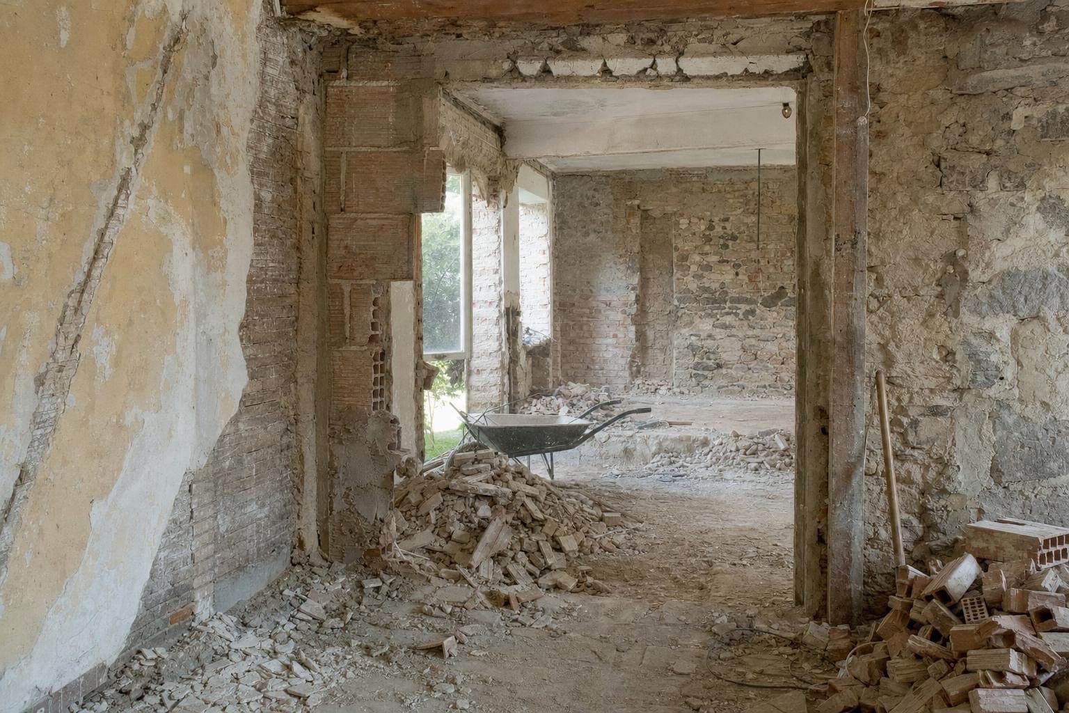Pièce de maison ancienne en démolition, gravats au sol et murs de brique mis à nu