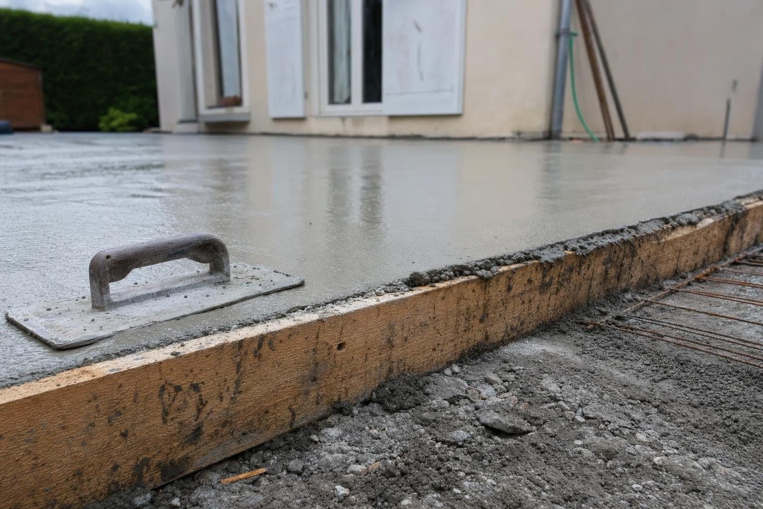 Dalle de terrasse en béton frais tirée à la règle dans son coffrage bois