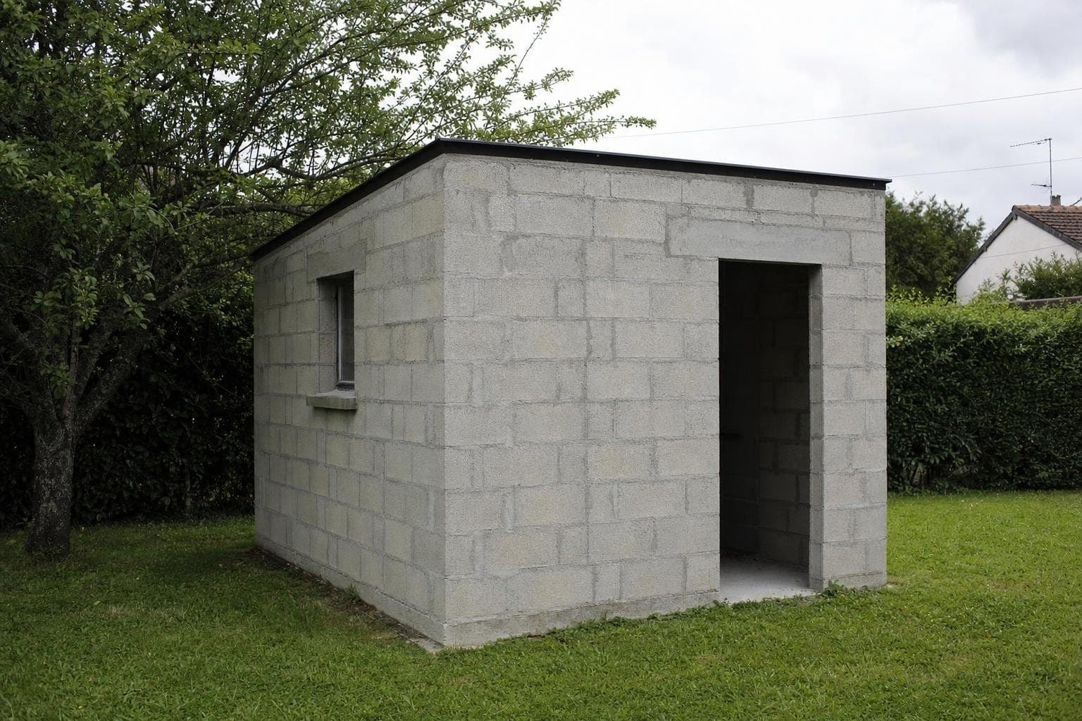 Annexe maçonnée en blocs béton bruts en fond de jardin, linteau au-dessus de la porte