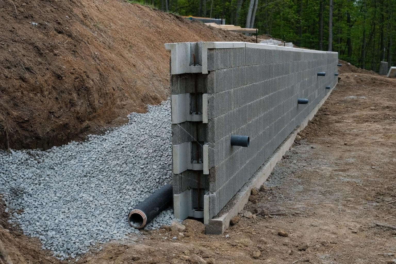 Mur de soutènement en blocs à bancher avec barbacanes et gravier drainant à l'arrière