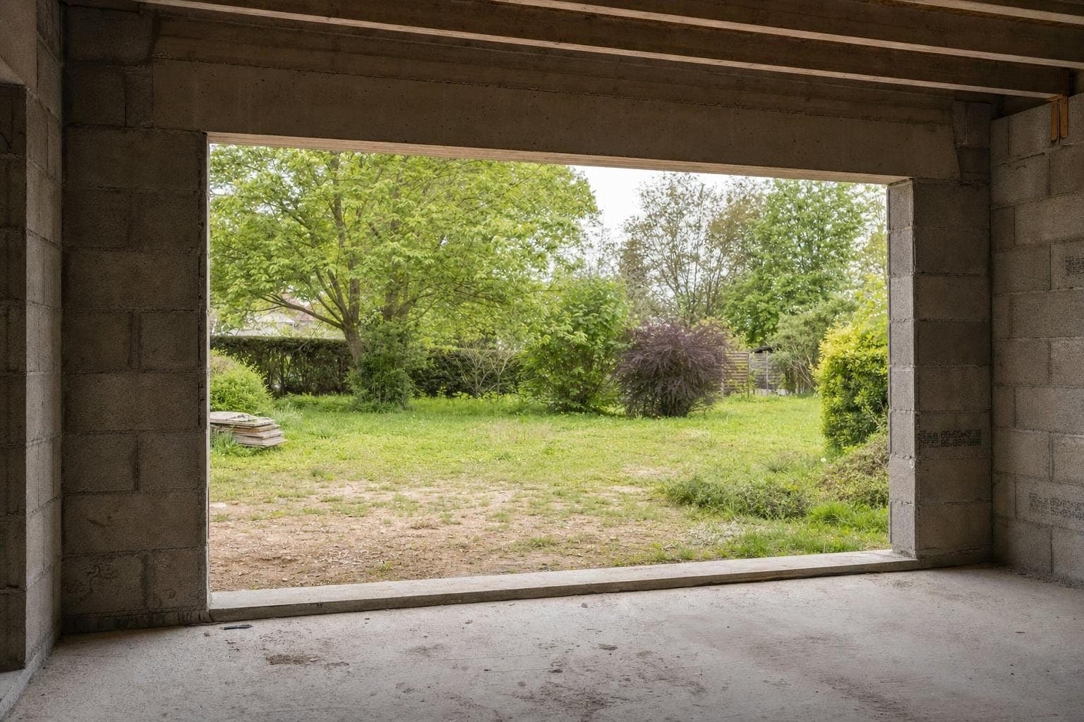 Ouverture brute pour une baie vitrée dans un mur en blocs béton, vue vers le jardin